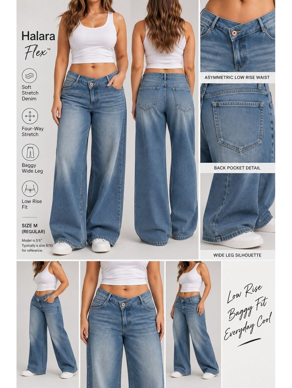 Halara Flex Women’s M Asymmetric Low Rise Baggy Wide Leg Jeans Stretch